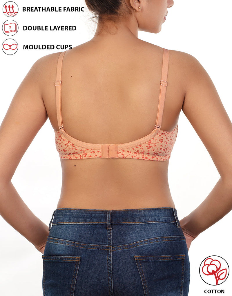 COTTON DOUBLE LAYERED NON WIRED PRINTED BRA -SALMON